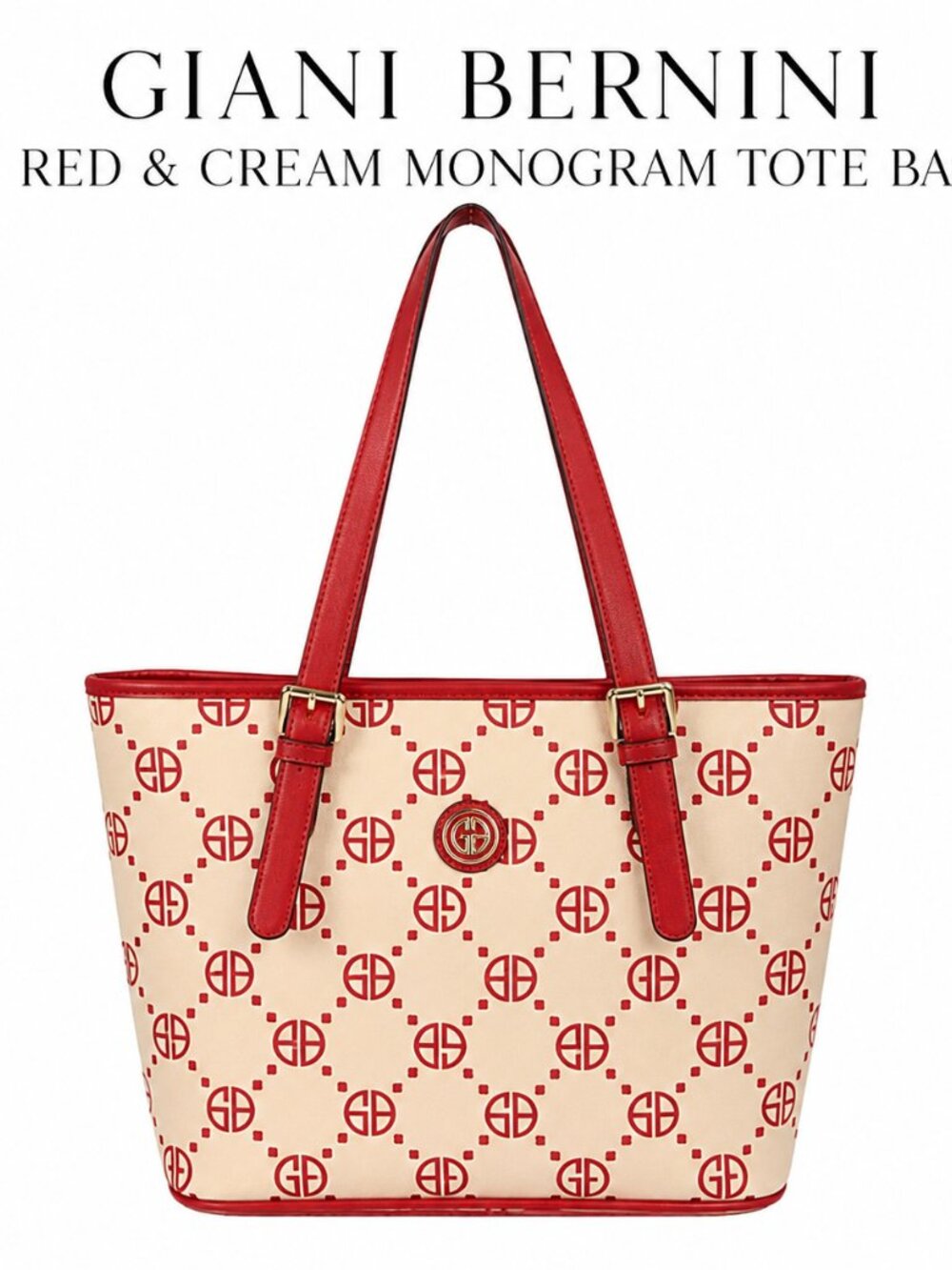 Giani Bernini Red White Monogram Tote Bag Shoulder Purse Zip Pocket Large